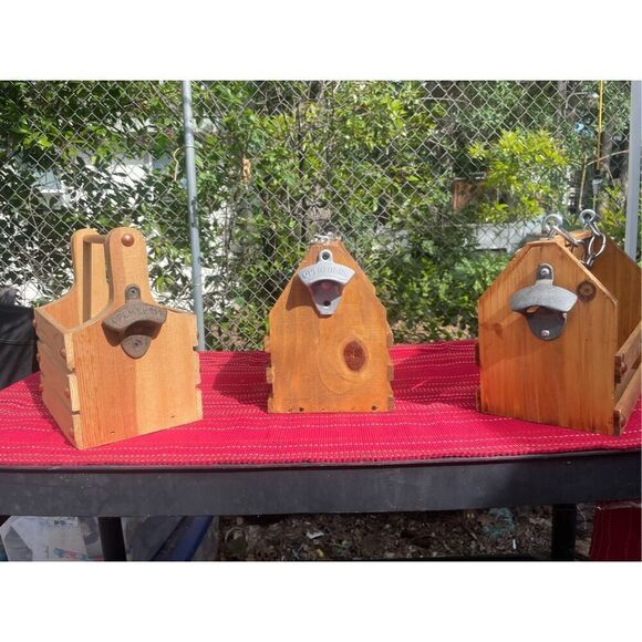 Custom Wood Beverage Caddy W/ Bottle Opener/4-Pack New - Picture 9 of 16